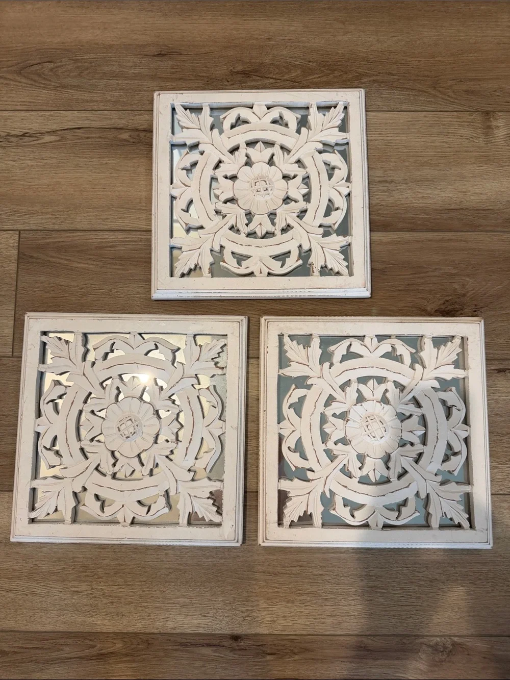 Decorative Carved Floral Rustic Boho Wall Plaques - White. Set of 3. Mirrored.